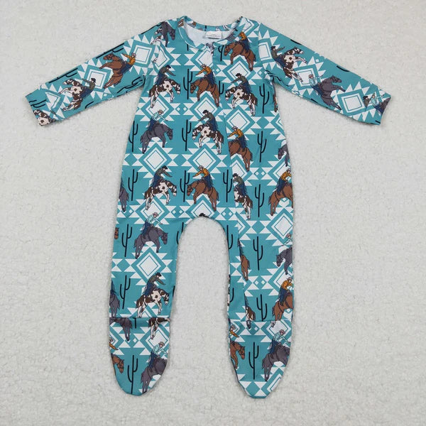 LR0248 Western Baby Horse Cactus Rodeo Zipper Long Sleeve Romper