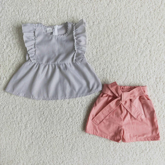 D3-1 Woven striped sleeveless lace top pink shorts set