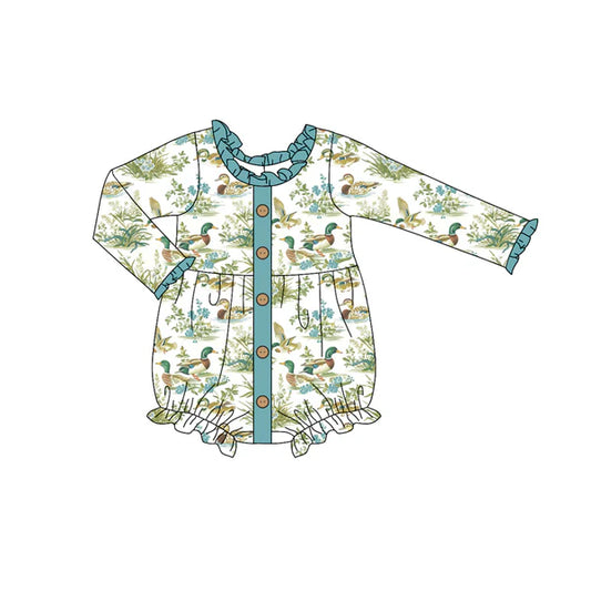 5.28 LR1957 Baby Infant Girls Ducks Hunting Green Rompers preorder