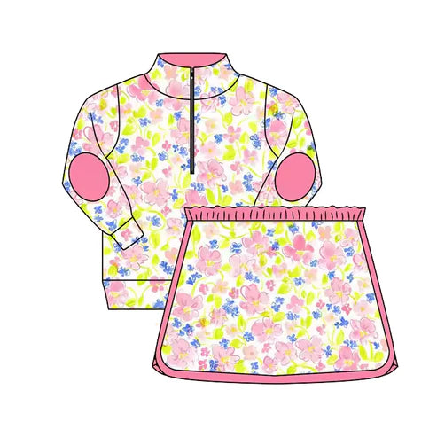 3.22 GLD1018 Baby Girls Long Sleeves Pink Floral Zipper Pullover Top Skort Set Preorder