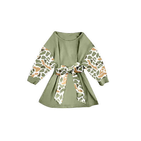 9.19  GLD1301 Baby Girls Green Camo Long Sleeve Belt Western Knee Length Dresses Preorder