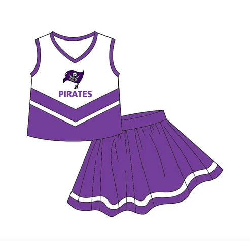 7.4 Custom Moq 3 Baby Girls Purple Pirates Cheer Team Top Skort Shorts Clothes Sets