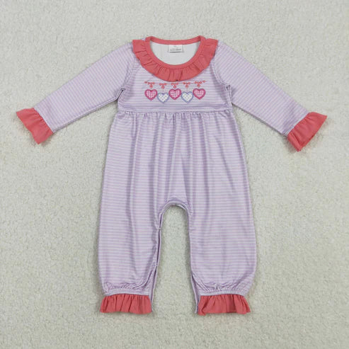 11.17 LR2706 Embroidery Baby Girls Hearts Lavender Stripe Valentine Ruffle Footie Romper