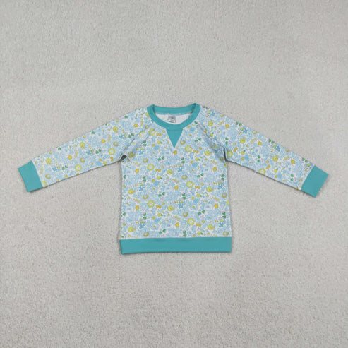 12.19 GT1294 Baby Girls Green Blue Flowers Long Sleeve Yoga Tee Shirts Top