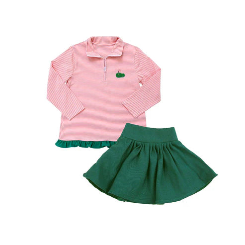 7.26  GLD1219 Baby Girls Stripe Long Ruffle Sleeves Golf Zipper Pullovers Top Skorts Set Preorder