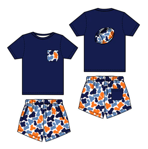 10.22 BSSO1556 Baby Boys Navy Orange Camo Pockets Back Football Shorts Team Clothes Sets