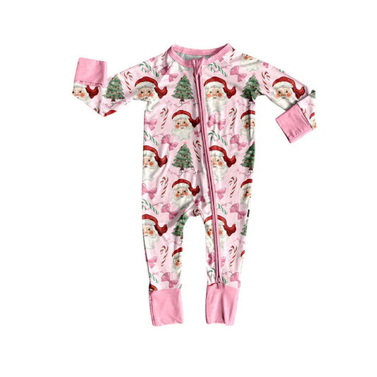 8.27  LR2597 Baby Girls Santa Candy Cane Christmas Zipper Footie Rompers Preorder