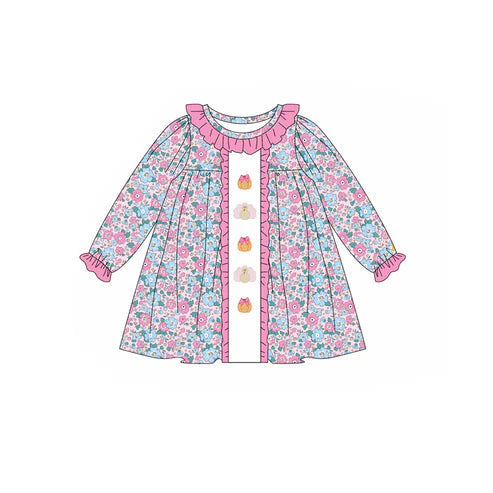 5.19 GLD1053 Baby Girls Long Ruffle Sleeves Floral Turkey Pumpkins Knee Length Dresses Preorder