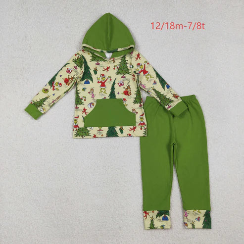 10.17 BLP1224 Baby Boys Green Faces Christmas Trees Pocket Hoodie Legging Pant Set