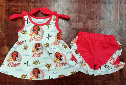4.26  Preorder moq 3 Baby Girls Red Strap Cartoon Moana Tunic Ruffle Short Set