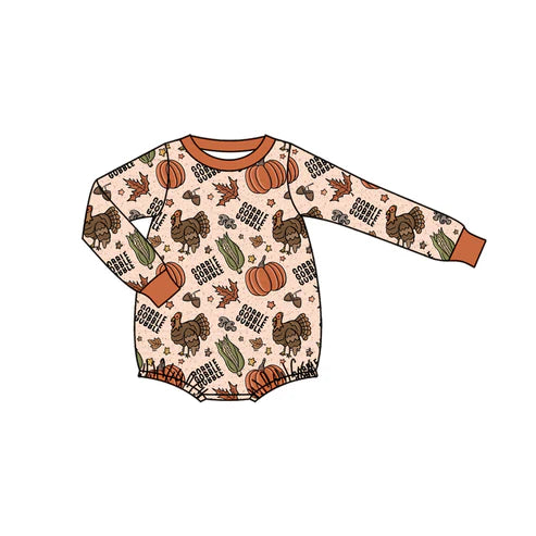7.29 LR2447 Baby Boys Long Sleeves Turkey Pumpkins Plaid Rompers Preorder