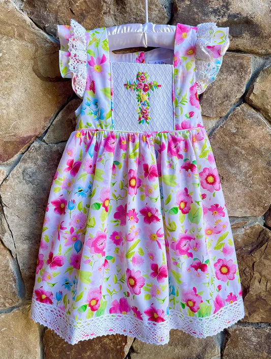 12.9 MOQ:5pcs GSD3312 pre-order toddler girl clothes cross girl easter summer dress