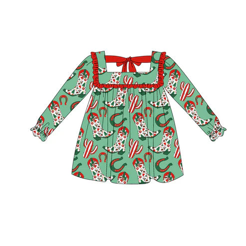 5.19  GLD1056 Baby Girls Long Ruffle Sleeves Green Boots Cactus Knee Length Dresses Preorder