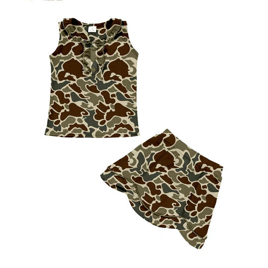 12.23 MOQ:5pcs GSD3351 pre-order toddler girl clothes camo print girl yoga summer skirt set