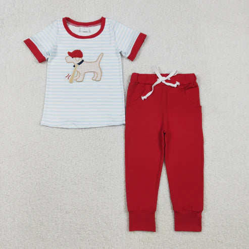 12.3  BSPO0613 Embroidery Baby Boys Stripe Dog Baseballs Top Pockets Leggings Team Clothes Set
