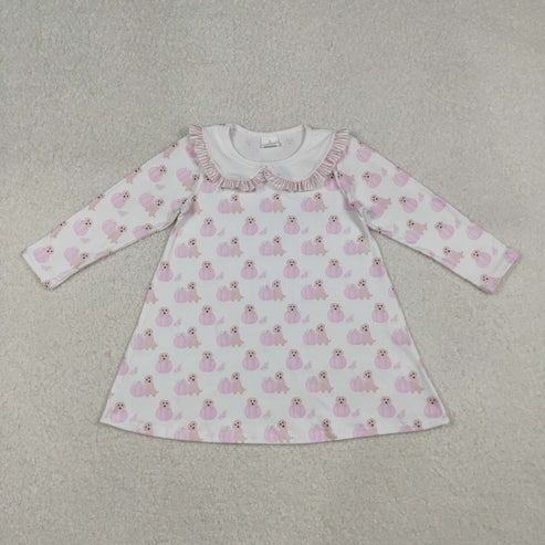 10.1 GLD1157 Baby Girls Long Ruffle Sleeves Pink Dog Pumpkins Knee Length Dress