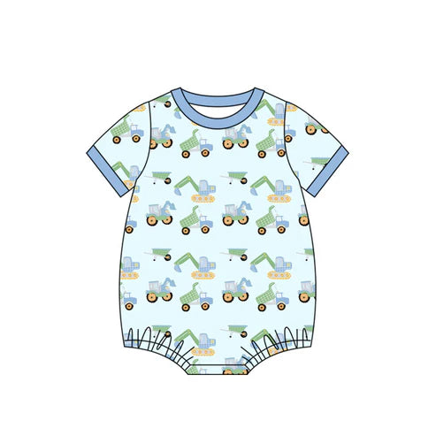 6.7 SR3142 Baby Boys Short Sleeves Blue Excavators Plaid Rompers Preorder