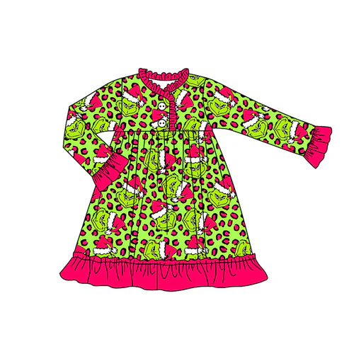 8.8 GLD1254 Baby Girls Christmas Green Face Leopard Button Ruffle Knee Length Dress Preorder