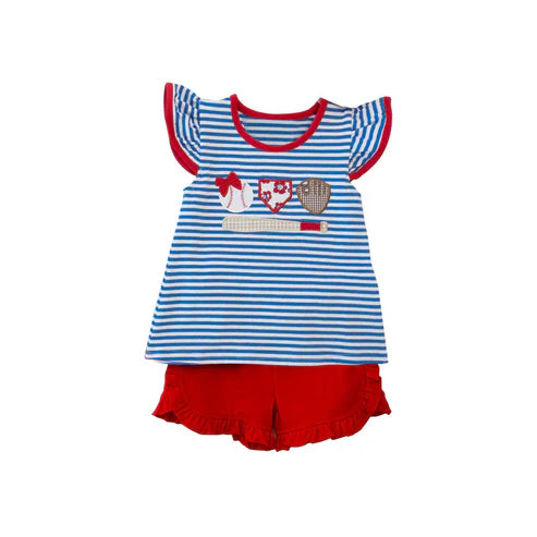 3.20 GSSO2348 Baby Girls Blue Stripe Flutter Sleeves Baseballs Tunic Red Ruffle Short Set preorder