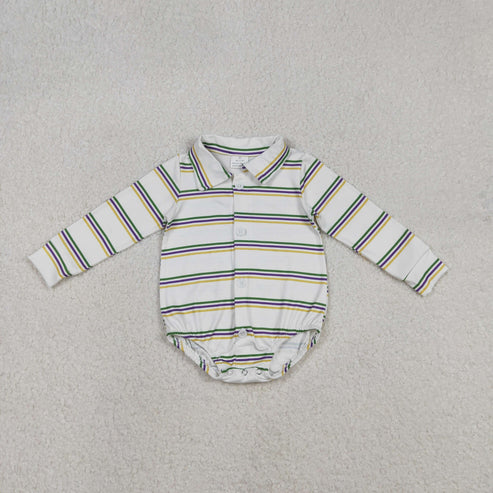 12.8 LR2880 Baby Boys Long Sleeve Mardigras Stripe Button Romper