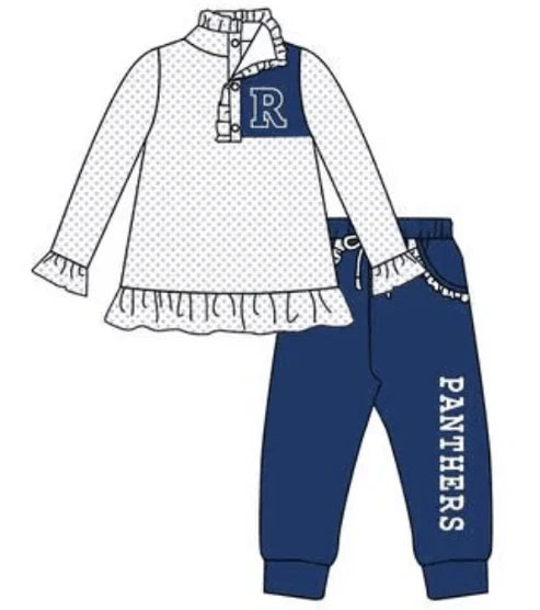 5.9 Girls team custom polka dot blue long sleeve pant suit