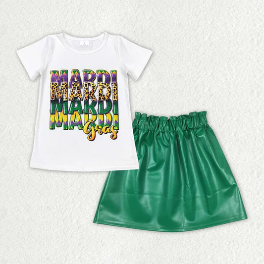 GT0442+GLK0018 Baby Girls Mardi Gras Short Sleeve Tee Shirts Green Leather Skirt Clothes Set