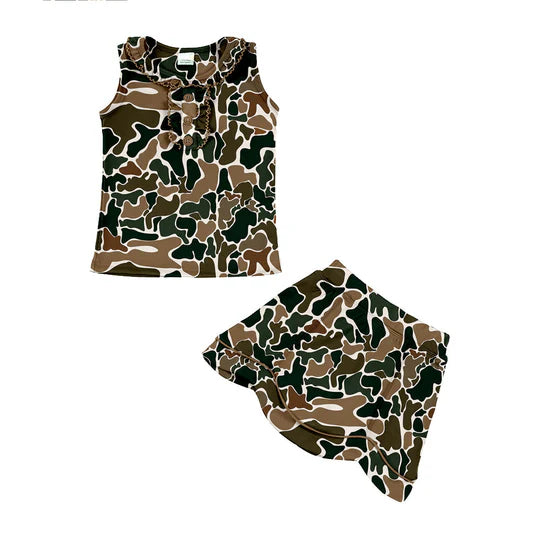 12.23 MOQ:5pcs GSD3348 pre-order toddler girl clothes camo print girl yoga summer skirt set