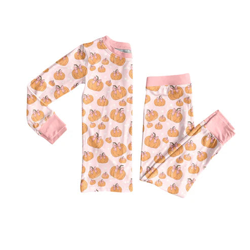 6.6  GLP2416 Baby Girls Long Sleeves Pink Bows Pumpkins Top Pant Pajamas Set Preorder
