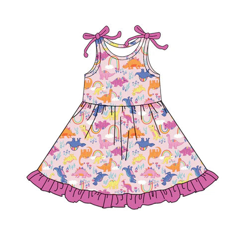 4.23 GSD2503 Baby Girls Pink Sleeveless Colorful Dinosaurs Knee Length Dress Preorder