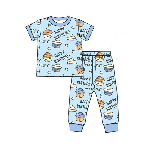 BSPO0545 Baby Boys Happy Birthday Cakes Top Pants Pajamas Clothes Sets Preorder