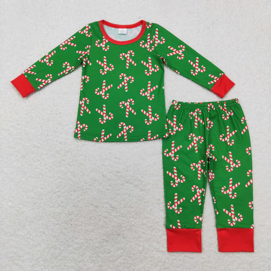 4.8 bamboo rts no moq BLP0599 Modal Santa Claus cane green long-sleeved long pants pajama set