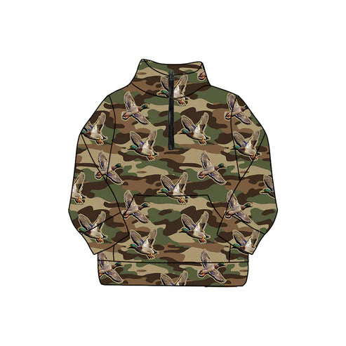 9.2  GT1186 Adult Women Olive Brown Camo Ducks Pocket Zipper Yoga Pullover Tops