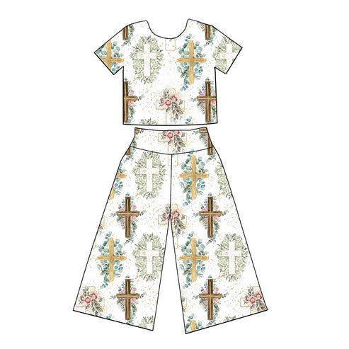 GSPO1863 Baby Girls Easter Cross Flowers Shirt Bell Pants Clothes Sets Preorder