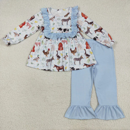 8.15 GLP2536 Baby Girls Long Ruffle Sleeves House Chicks Tunic Pant Farm Set