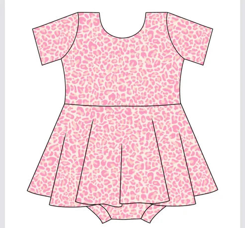 4.3 SR3006 Baby Infant Girls Short Sleeves Pink Leopard Dress Skort Rompers Preorder