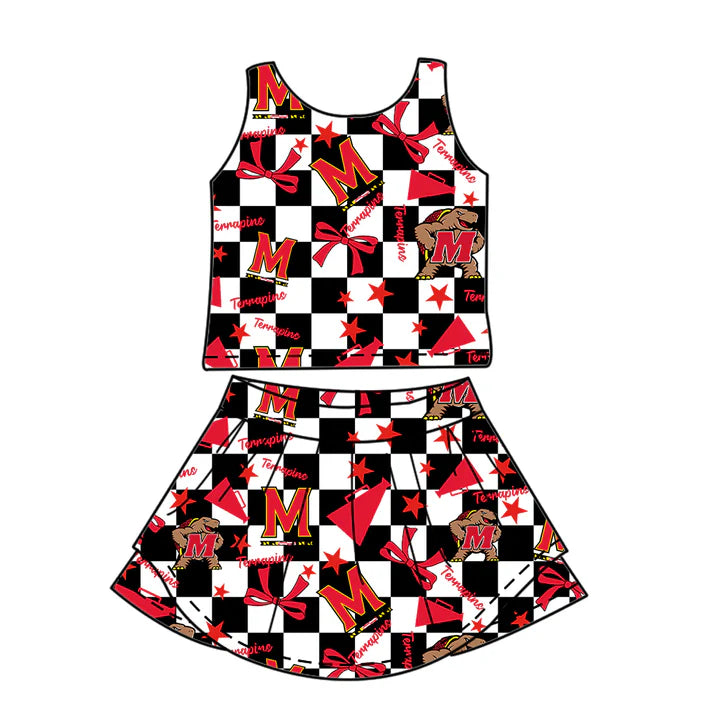 7.8 Custom Moq 3 Baby Girls Sleeveless Terps Plaid Bows Vest Top Short Skirts Set