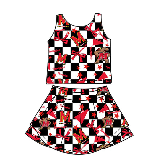 7.8 Custom Moq 3 Baby Girls Sleeveless Terps Plaid Bows Vest Top Short Skirts Set
