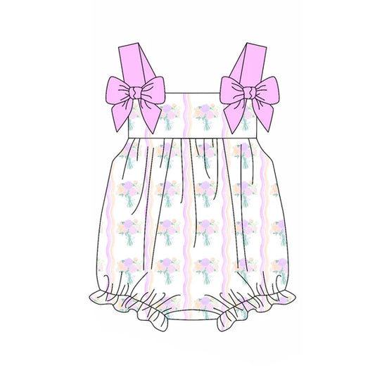3.27 SR2961 Baby Infant Girls Hot Pink Bows Strap Floral Stripe Ruffle Rompers Preorder
