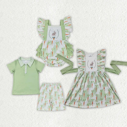 Sibling Boys Baby Girls Rabbit Easter Carrots Rompers Dresses Suits