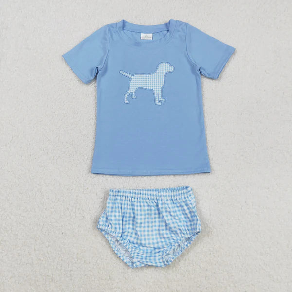 8.26 GBO0470 Embroidery Baby Boys Blue Dog Short Sleeve Tee Top Bummies Clothes Set