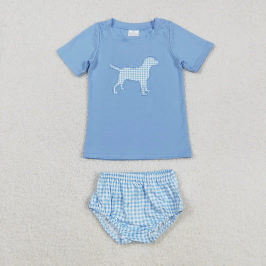 8.26 GBO0470 Embroidery Baby Boys Blue Dog Short Sleeve Tee Top Bummies Clothes Set