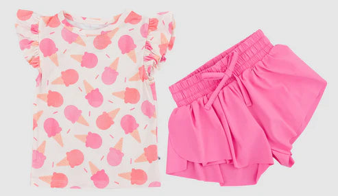6.30 no moq GSSO2606 PRE-ORDER baby girls clothes ice cream flying sleeve yoga shorts set