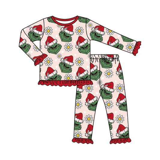 7.25 GLP2635 Baby Girls Christmas Hat Green Face Flowers Top Ruffle Pants Pajamas Set Preorder