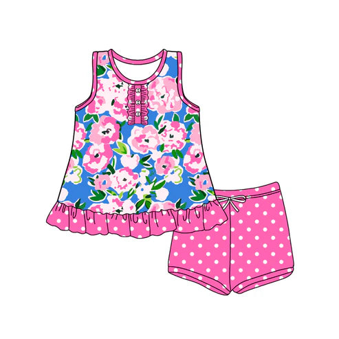 3.29 GSSO2453 Baby Girls Hot Pink Sleeveless Button Watercolor Floral Tunic Polka Dots Short Set Preorder