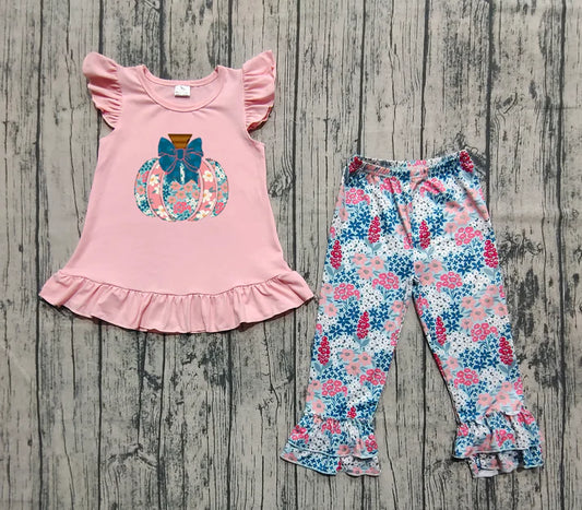 6.16 GSPO2032 Baby Girls Pink Flutter Sleeves Floral Pumpkin Tunic Ruffle Pants Set Preorder