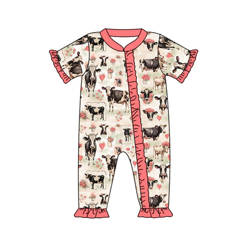 SR2345 Baby Infant Girls Pink Cow Flowers Zip Rompers preorder