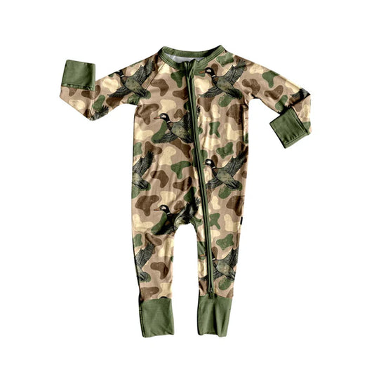 8.28 LR2607 Baby Boys Green Camo Ducks Western Zipper Footie Rompers Preorder