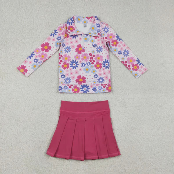 12.13 GT1373+GLK0079 Baby Girls Daisy Flowers Zipper Pullovers Hot Pink Pleated Skirt Shorts Yoga Active Clothes SetBaby Girls Daisy Flowers Zipper Pullovers Hot Pink Pleated Skirt Shorts Yoga Active Clothes Set