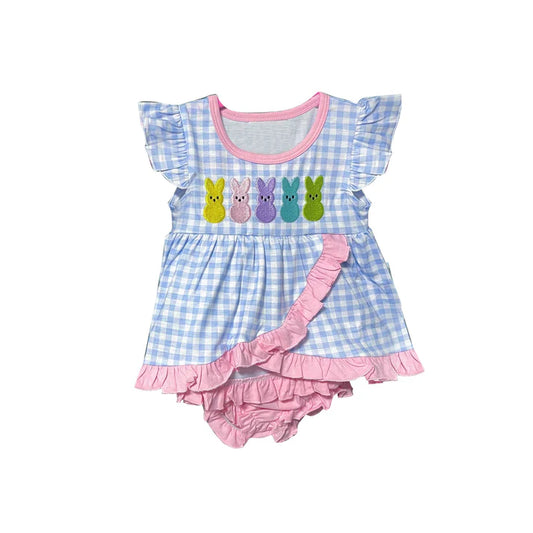 9.27 GBO0481 Baby Girls Blue Checked Colorful Rabbits Easter Ruffle Rompers Preorder
