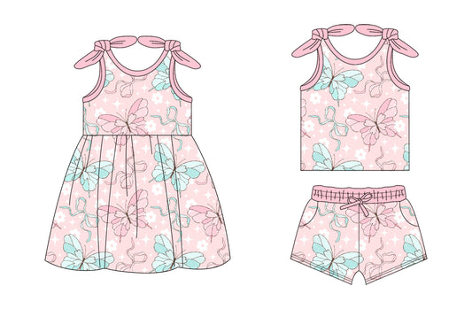 26.1.14 Custom MOQ:3 or 5 pcs each design milk silk Sibling baby girl clothes butterfly bow short sleeve shorts sets and dress